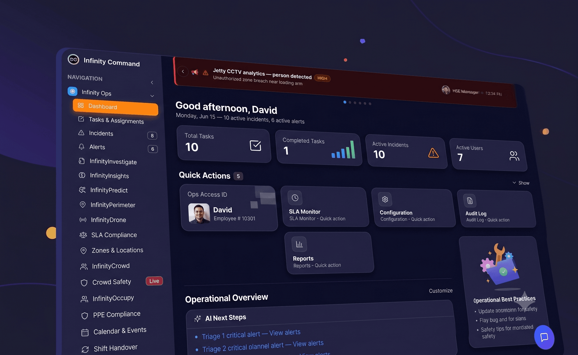 InfinityOmnia unified command dashboard — operations overview with real-time incidents, alerts, and AI next steps